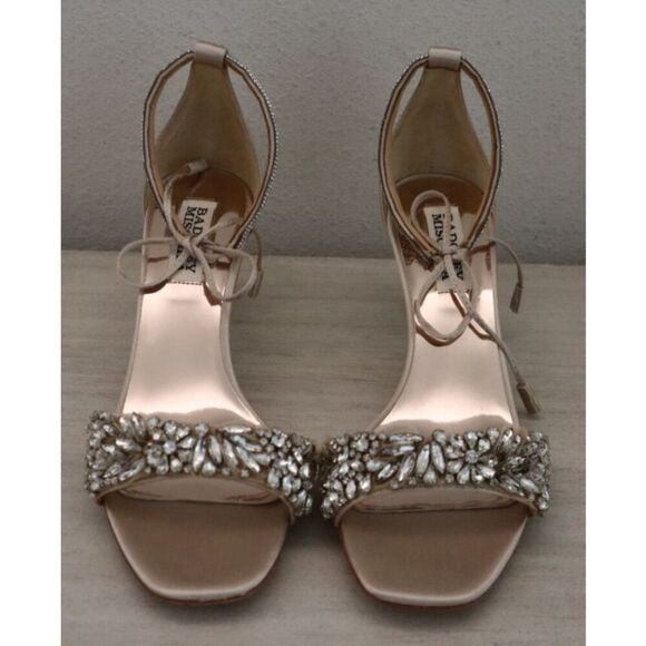 Badgley Mischka Women Sz 6.5 Nude Satin Blossom Ankle Tie Embellished Sandal - Picture 13 of 16